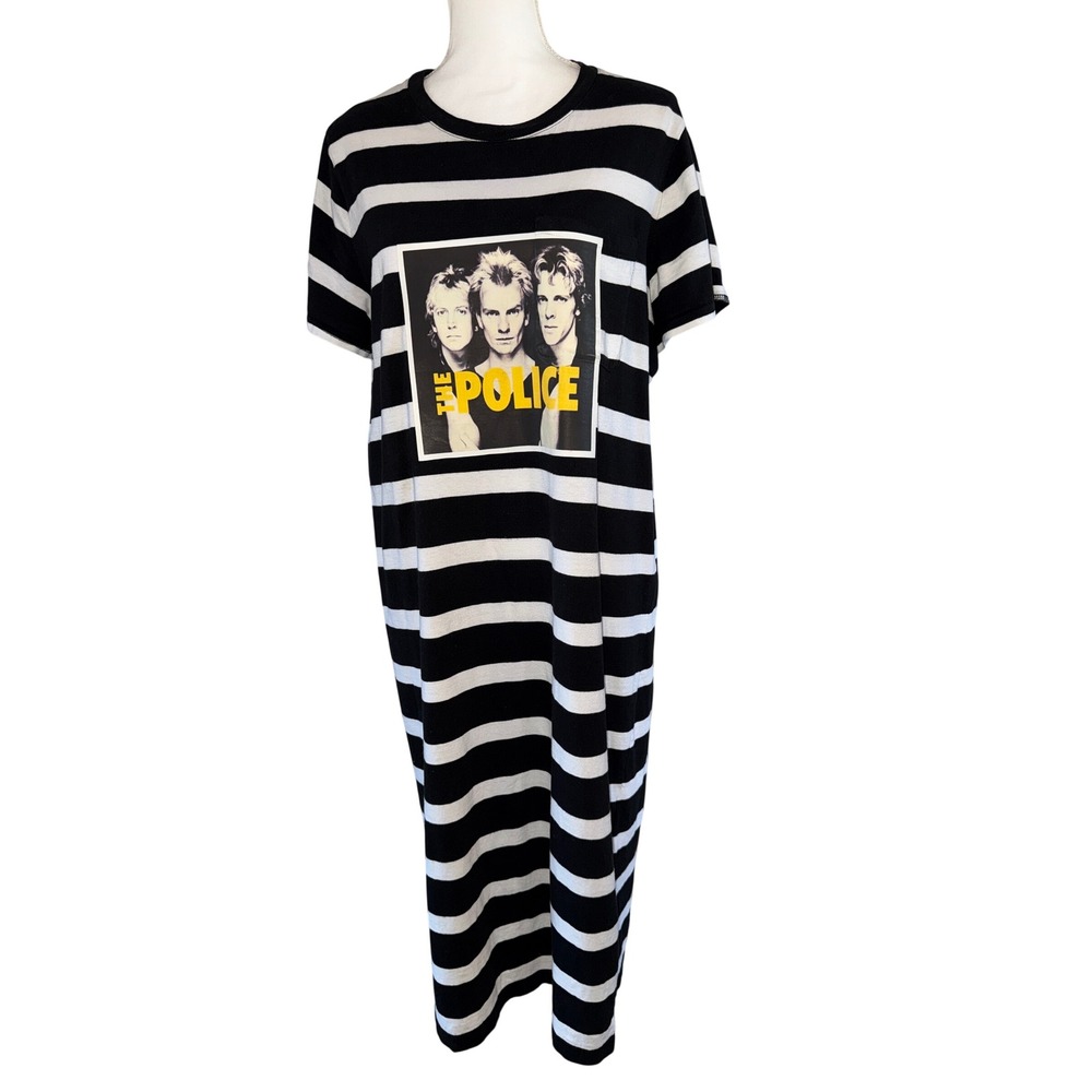 Upcycled The Police 80's Rock Band Black/White Striped T-Shirt Dress XL